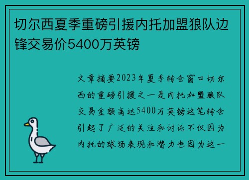 切尔西夏季重磅引援内托加盟狼队边锋交易价5400万英镑 切尔西夏季重磅引援内托加盟狼队边锋交易价5400万英镑